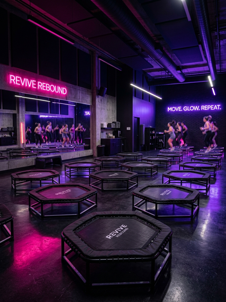 Rebound studio with rows of trampolines under purple and pink neon